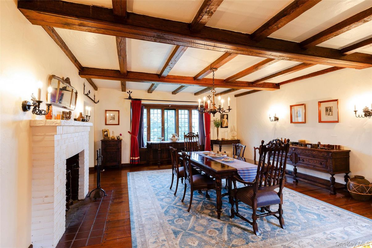 Chandelier, Dining room, Fireplace, Interior, Wooden Beams, Wood Texture Flooring