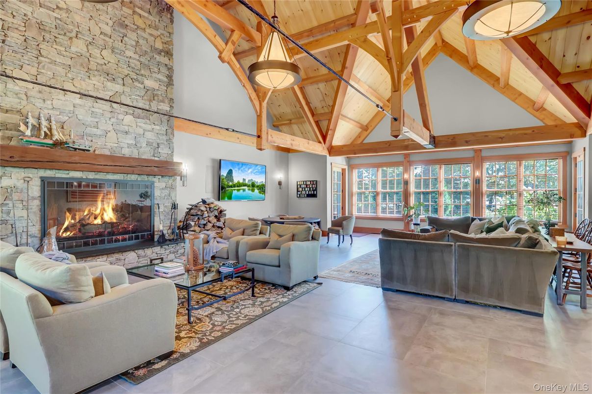 Fireplace, Interior, Living room, Pendant Lights, Stone Walls, Wooden Beams, Wooden Ceilings