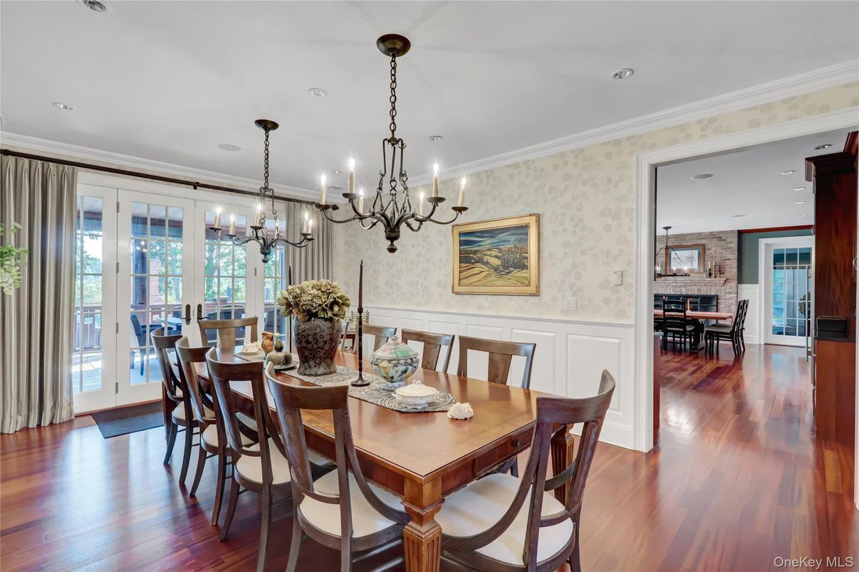 Chandelier, Dining room, Interior, Recessed Lighting, Stone Walls, Wood Texture Flooring