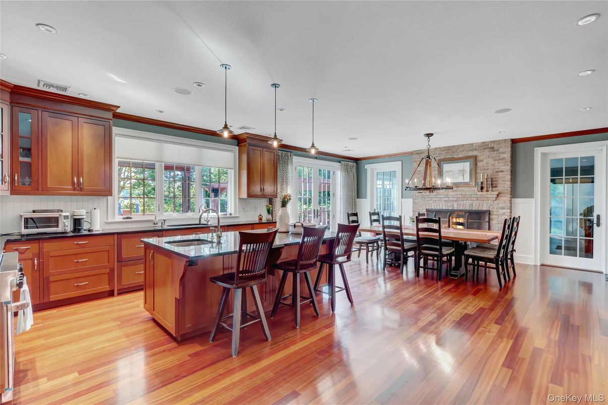 Dining room, Fireplace, Interior, Kitchen, Pendant Lights, Recessed Lighting, Stone Walls, Wood Texture Flooring