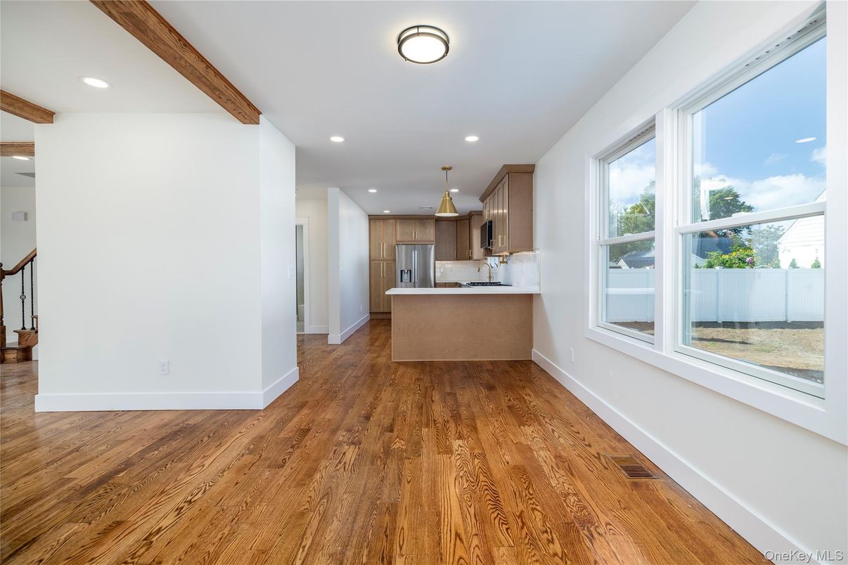 Interior, Kitchen, Pendant Lights, Recessed Lighting, Stainless Steel Appliances, Wooden Beams, Wood Texture Flooring