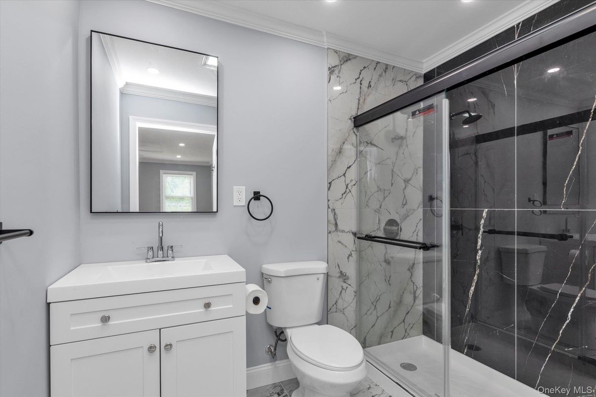 Bathroom, Glass Shower, Interior, Marble Walls, Recessed Lighting