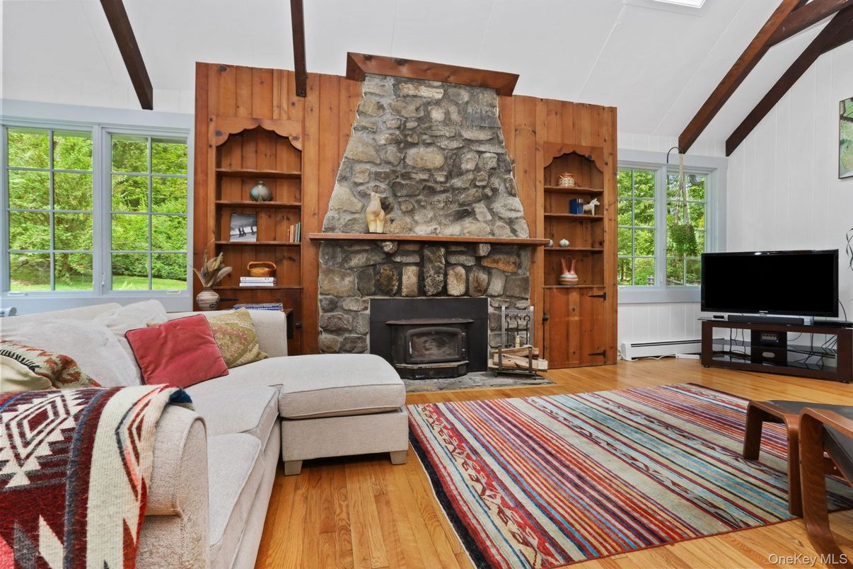 Fireplace, Interior, Living room, Stone Walls, Wood Texture Flooring