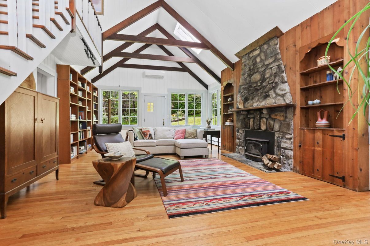 Fireplace, Interior, Living room, Stone Walls, Wood Texture Flooring, Wooden Walls