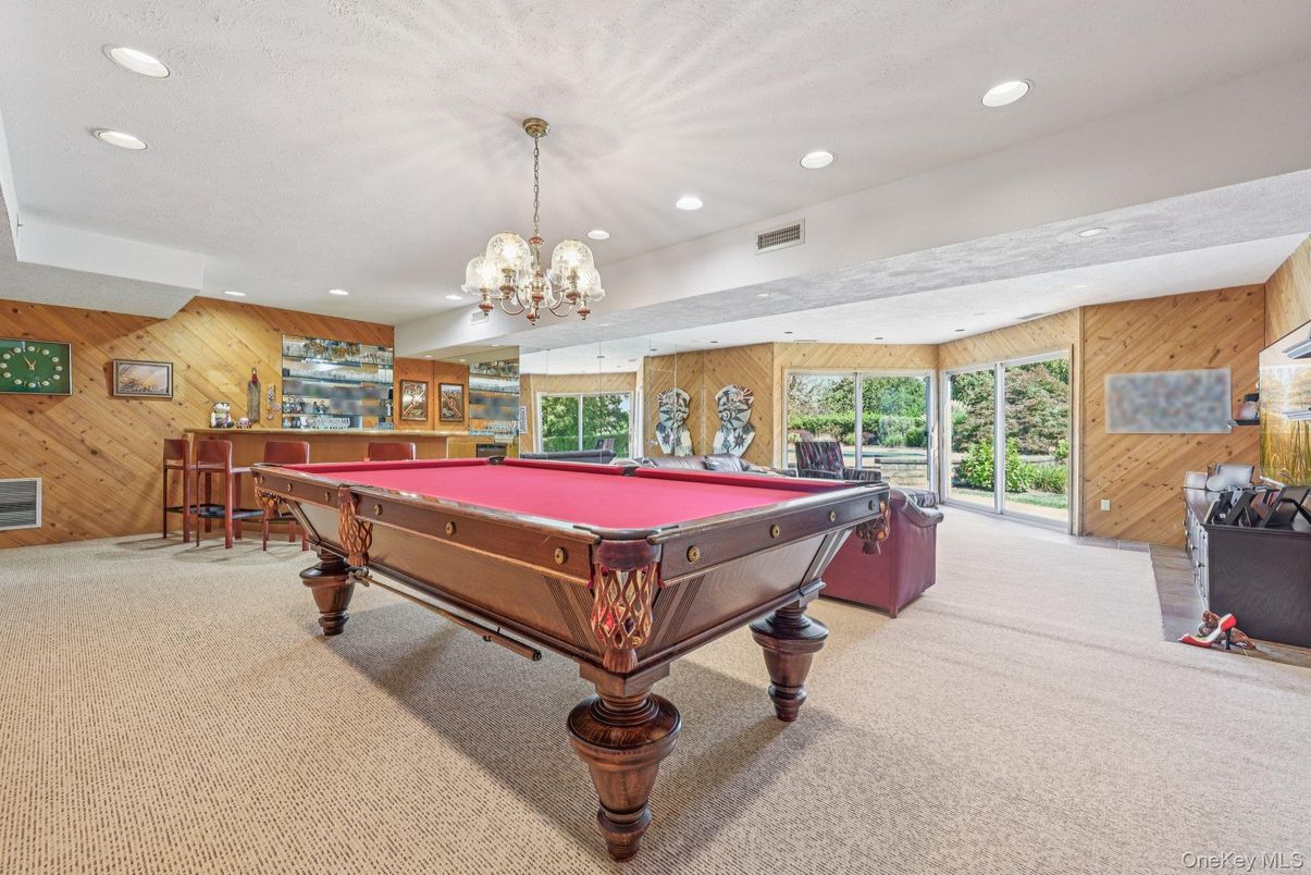 Billiard Table, Chandelier, Game Room, Interior, Pendant Lights, Recessed Lighting, Wooden Walls
