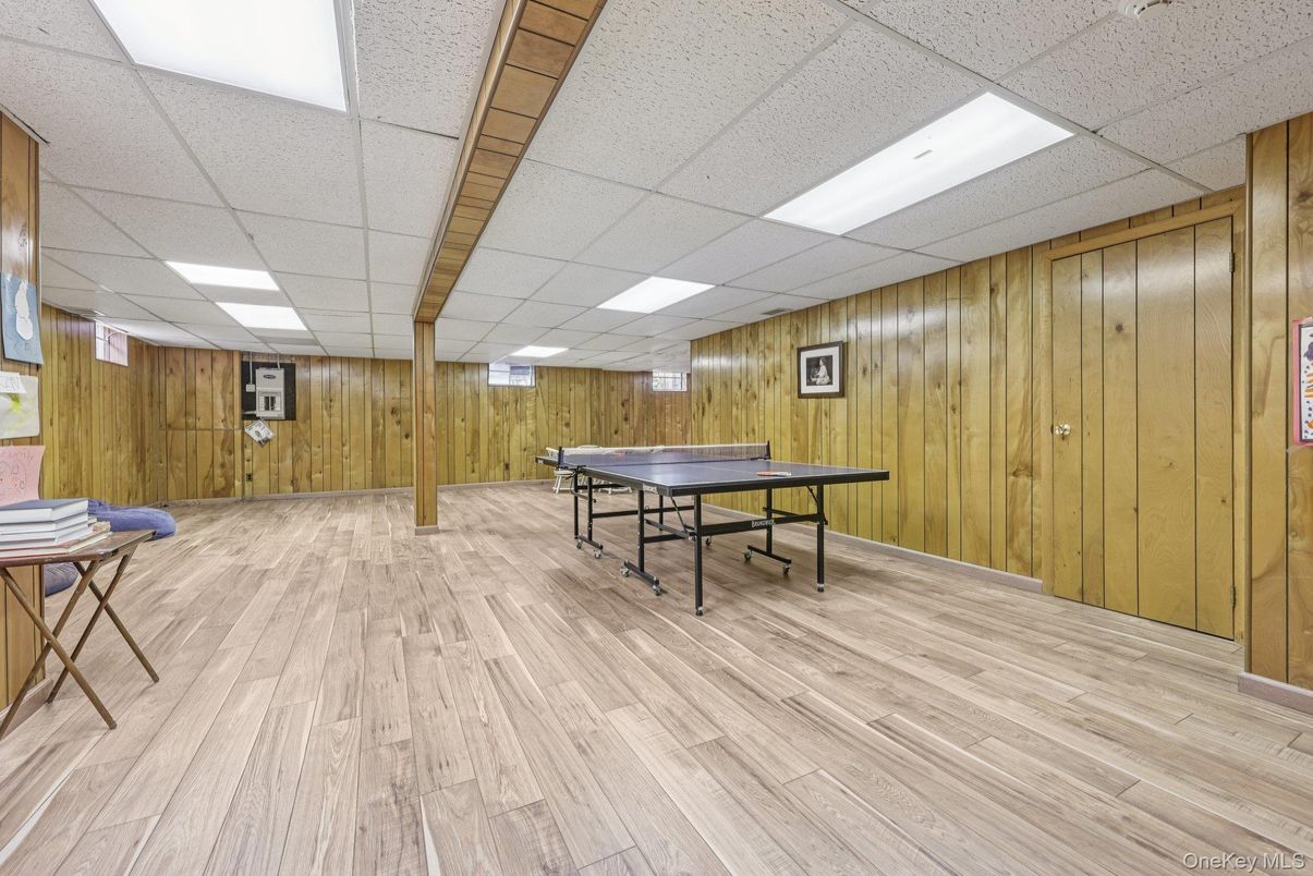Game Room, Interior, Recessed Lighting, Wood Texture Flooring, Wooden Walls