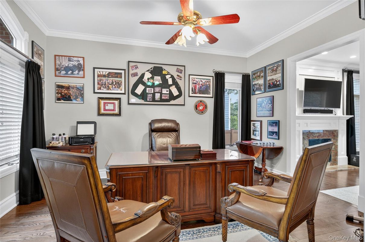 Fireplace, Home Office, Interior, Recessed Lighting, Wood Texture Flooring