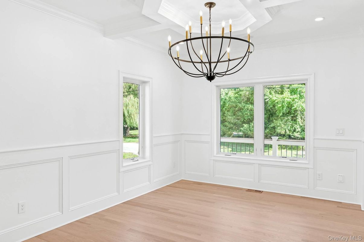 Chandelier, Empty room, Interior, Recessed Lighting, Wood Texture Flooring