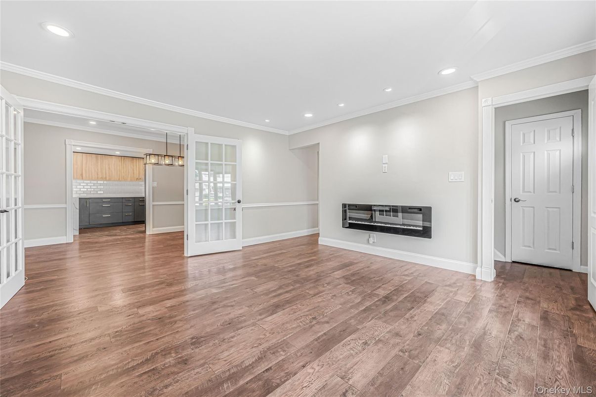 Empty room, Interior, Kitchen, Pendant Lights, Recessed Lighting, Wood Texture Flooring