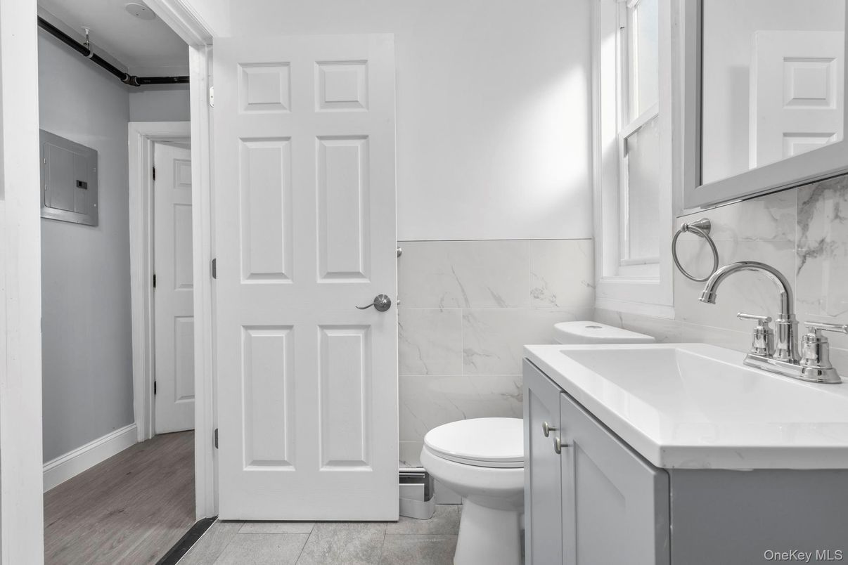 Bathroom, Interior, Marble Walls, Wood Texture Flooring