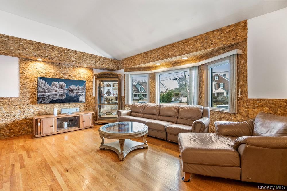 Interior, Living room, Recessed Lighting, Stone Walls, Wood Texture Flooring