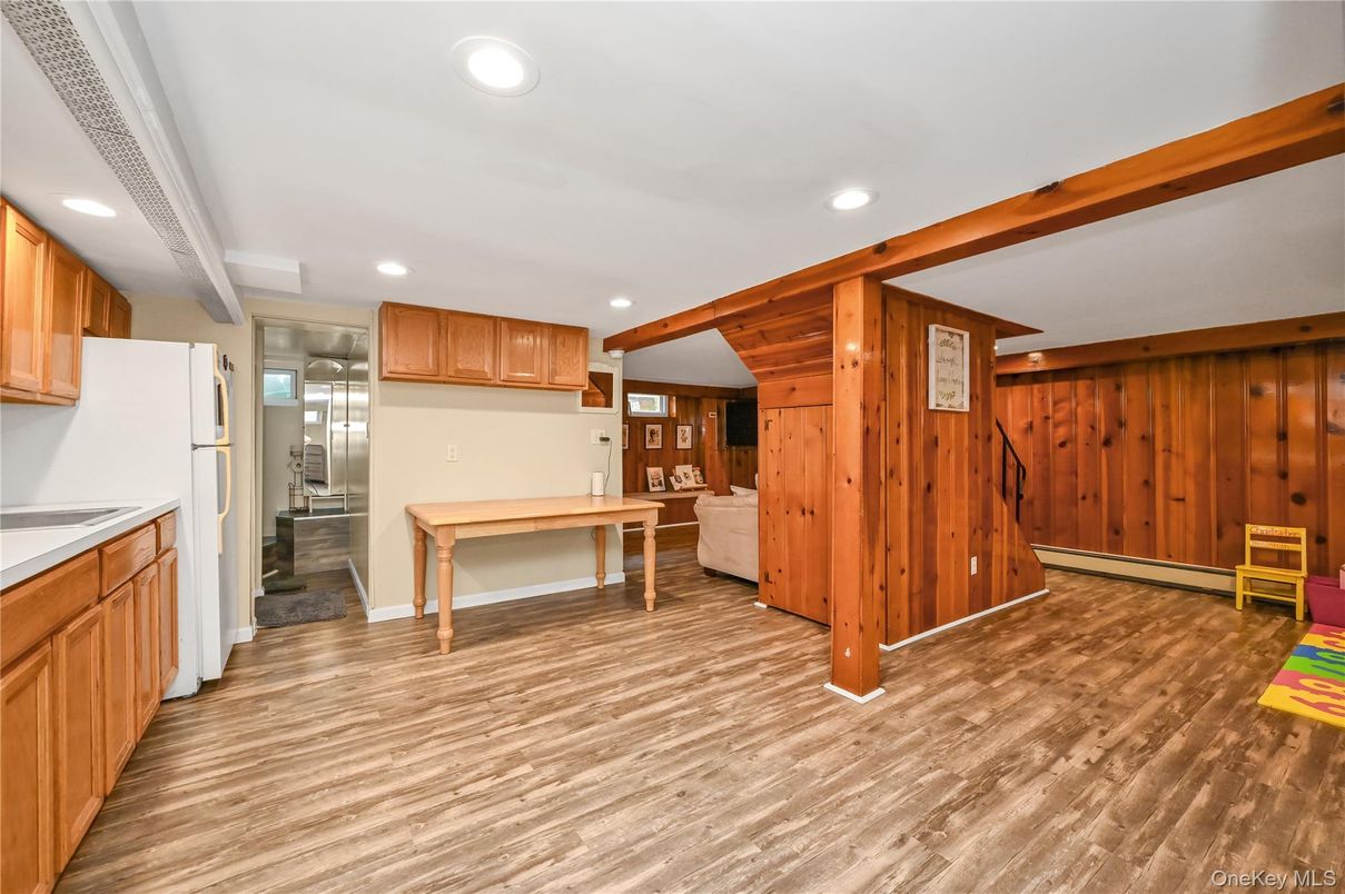 Interior, Kitchen, Recessed Lighting, Wood Texture Flooring, Wooden Walls
