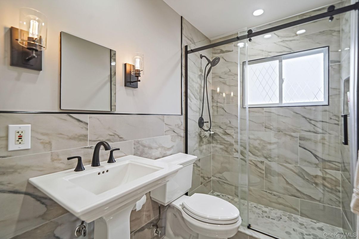 Bathroom, Glass Shower, Interior, Marble Walls, Recessed Lighting