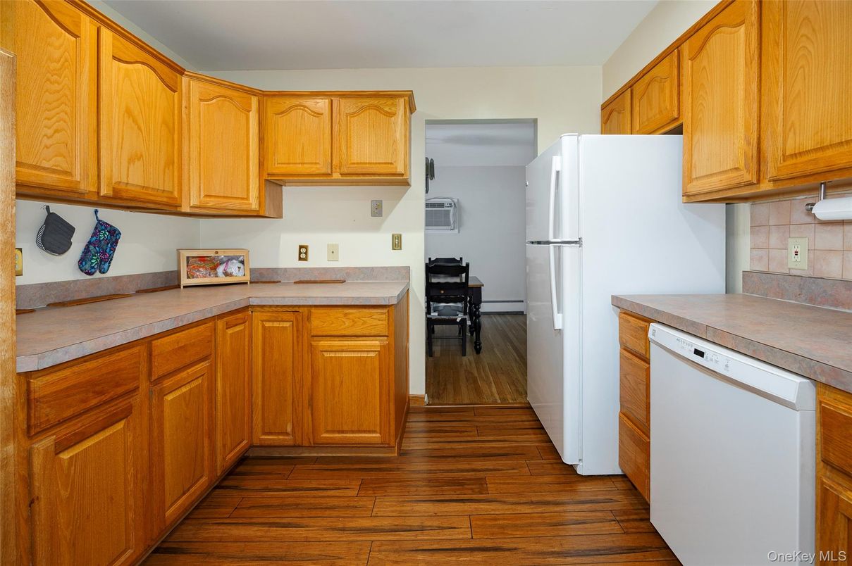 Interior, Kitchen, Tile Countertops, Wood Texture Flooring