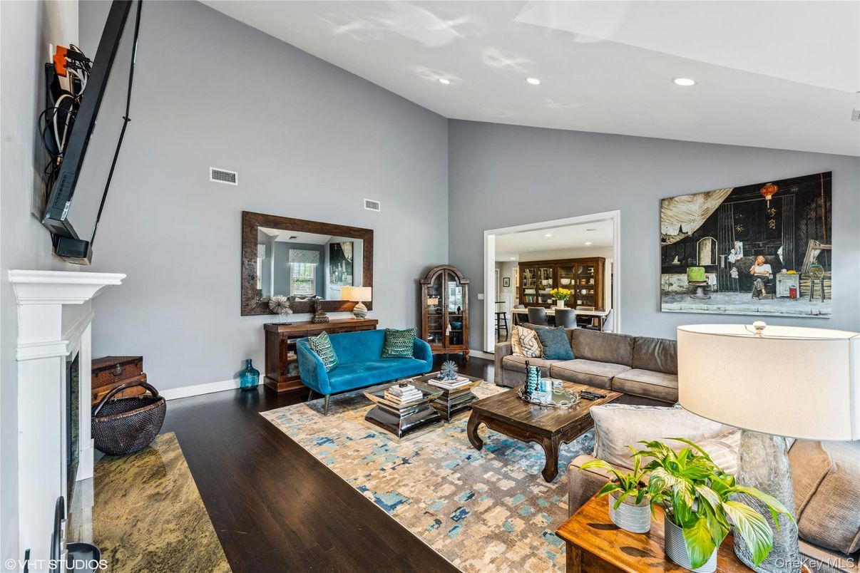 Fireplace, Interior, Living room, Recessed Lighting, Wood Texture Flooring