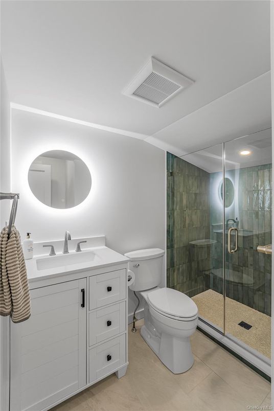 Bathroom, Glass Shower, Interior, Recessed Lighting, Wood Texture Flooring