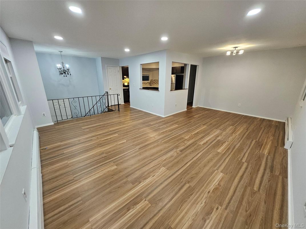 Chandelier, Empty room, Interior, Recessed Lighting, Wood Texture Flooring