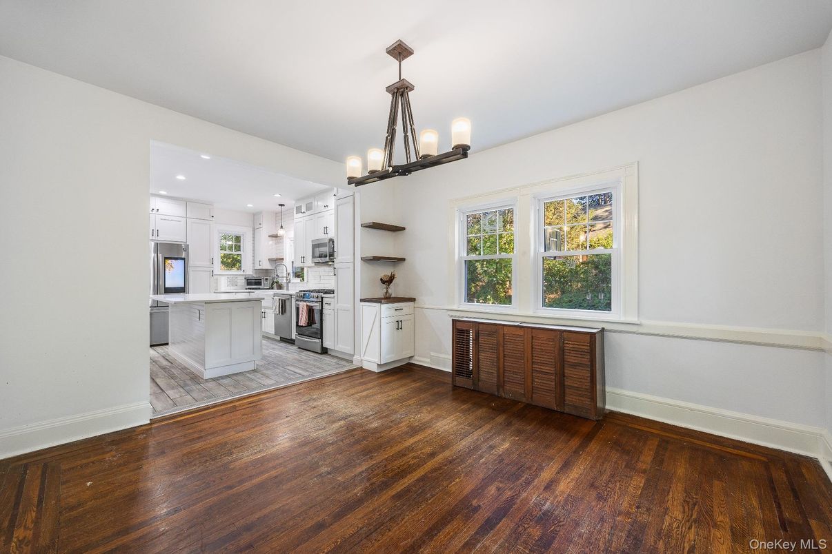 Chandelier, Interior, Kitchen, Pendant Lights, Recessed Lighting, Stainless Steel Appliances, Wood Texture Flooring