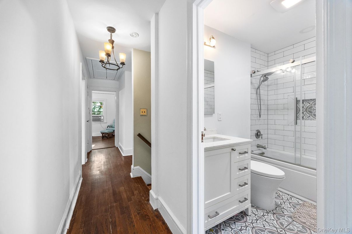 Bathroom, Chandelier, Glass Shower, Interior, Wood Texture Flooring