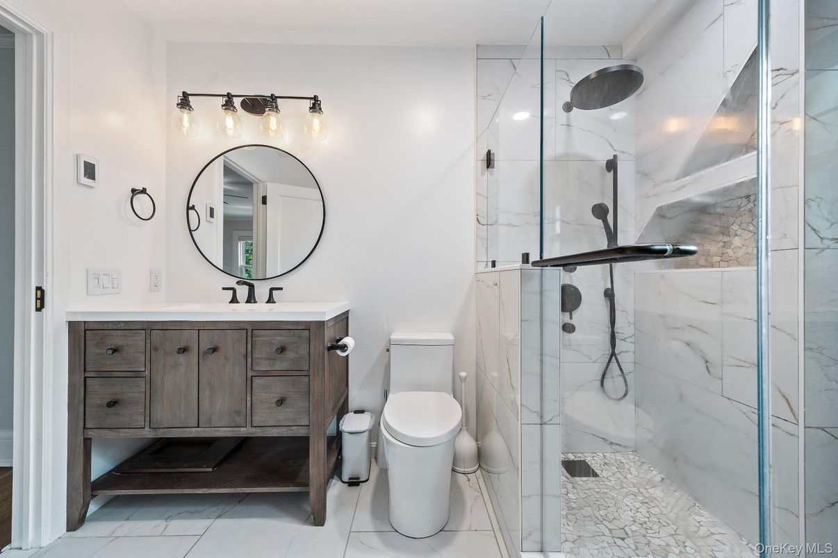 Bathroom, Glass Shower, Interior, Marble Walls, Recessed Lighting