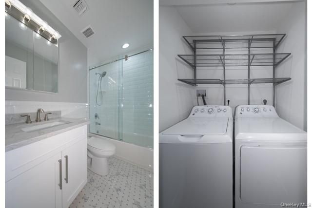 Bathroom, Glass Shower, Interior, Recessed Lighting, Washer