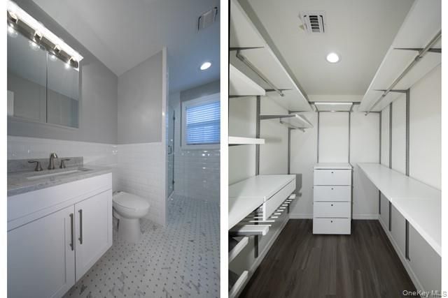 Bathroom, Glass Shower, Interior, Recessed Lighting, Walk-in Closets, Wood Texture Flooring