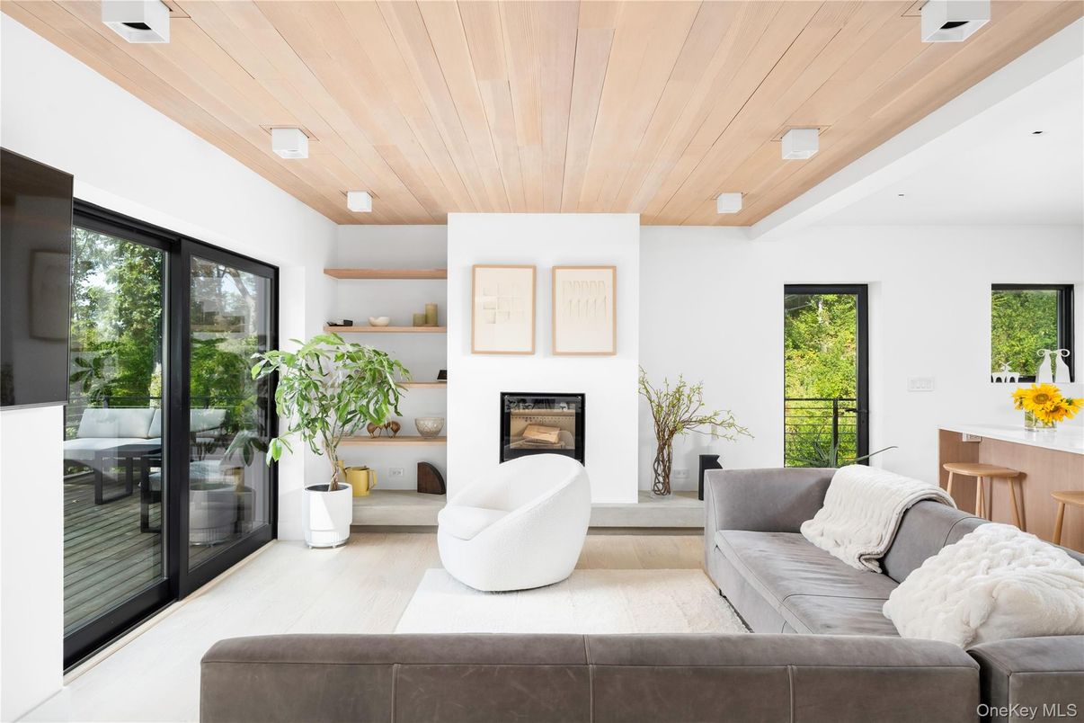 Fireplace, Interior, Living room, Recessed Lighting, Wooden Ceilings, Wood Texture Flooring