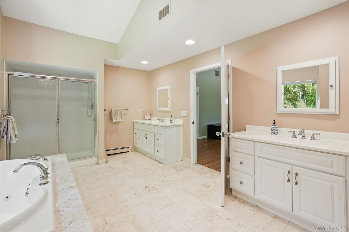 Bathroom, Dual Sink Vanities, Glass Shower, Interior, Recessed Lighting