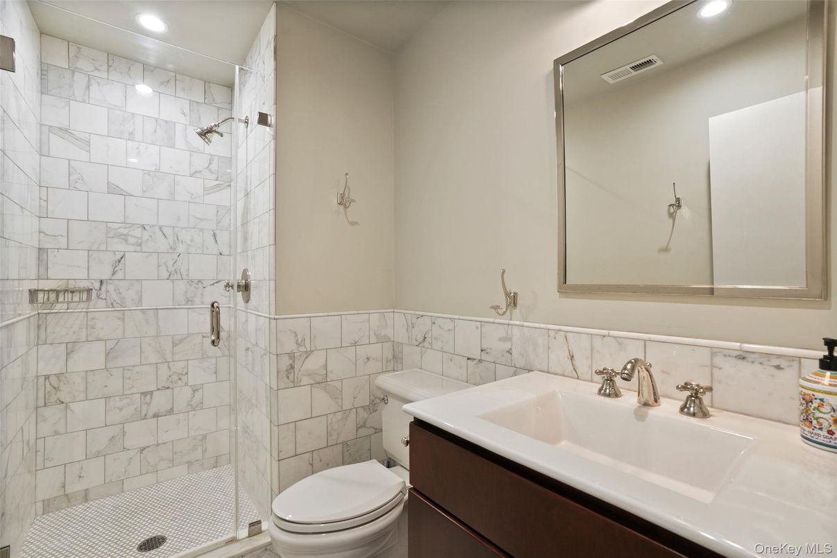 Bathroom, Glass Shower, Interior, Marble Walls, Recessed Lighting