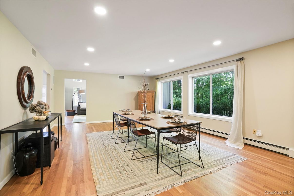 Dining room, Interior, Recessed Lighting, Wood Texture Flooring