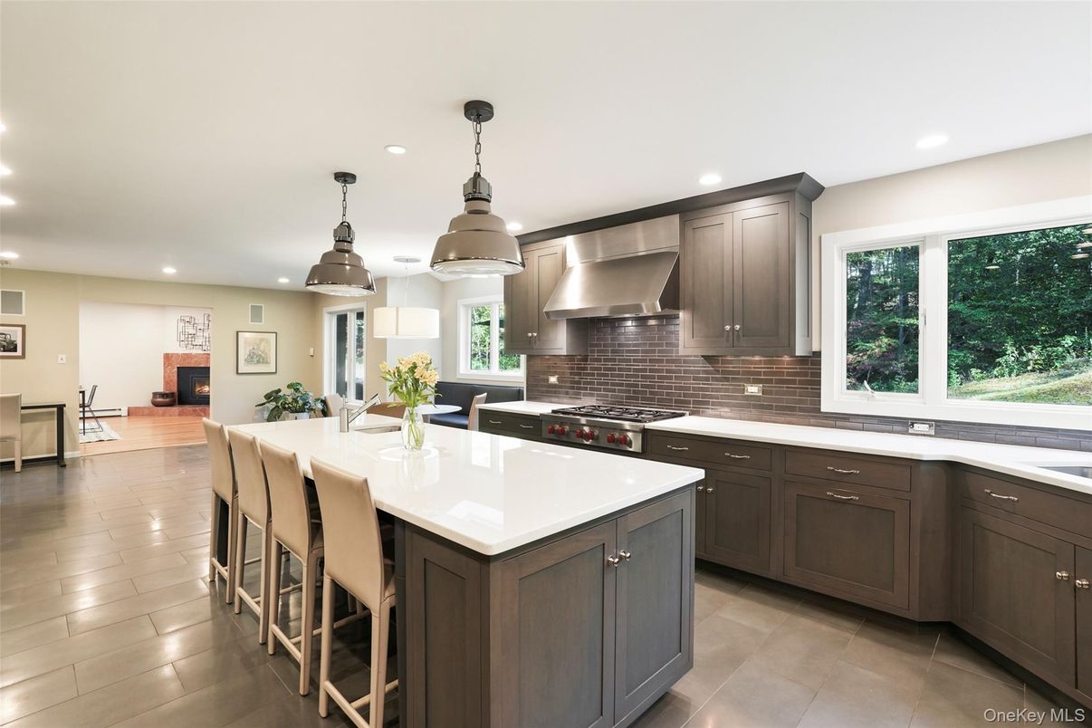 Fireplace, Interior, Kitchen, Pendant Lights, Recessed Lighting, Stainless Steel Appliances, Wood Texture Flooring