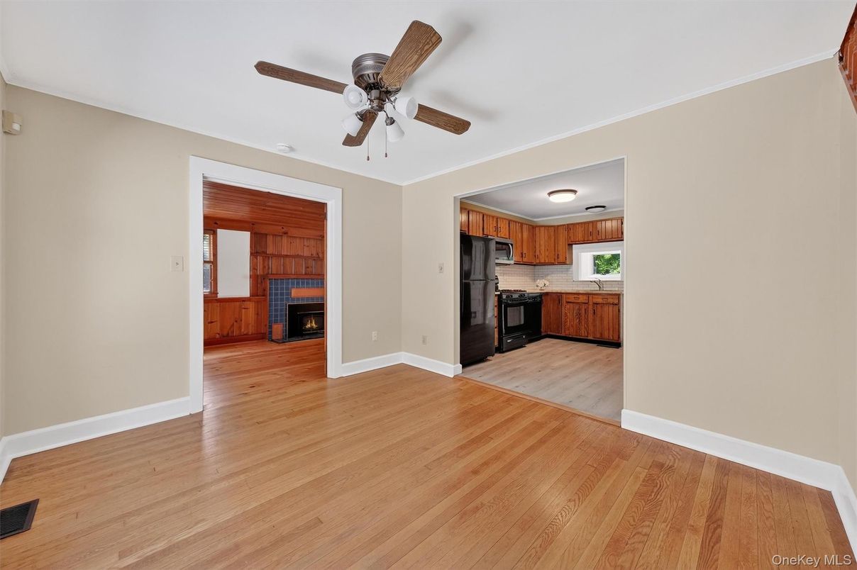Empty room, Fireplace, Interior, Kitchen, Wood Texture Flooring