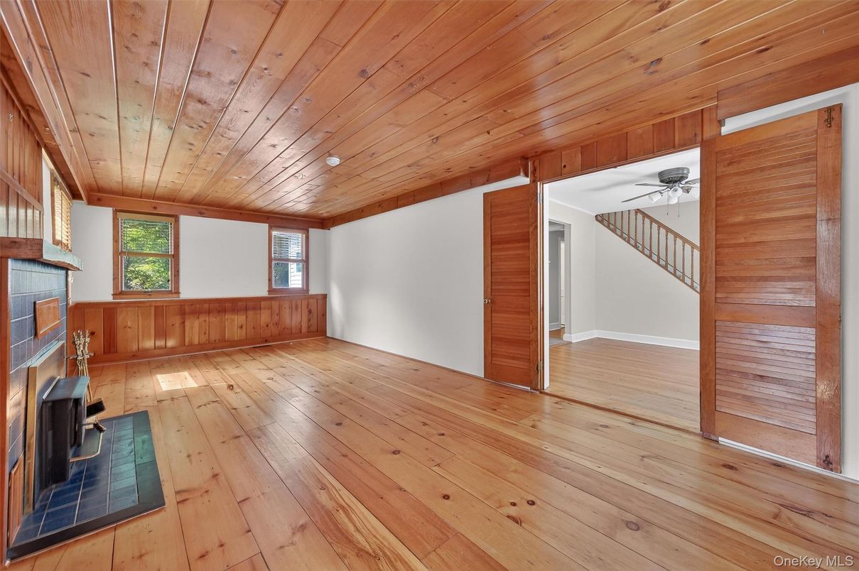 Empty room, Fireplace, Interior, Wooden Ceilings, Wood Texture Flooring, Wooden Walls