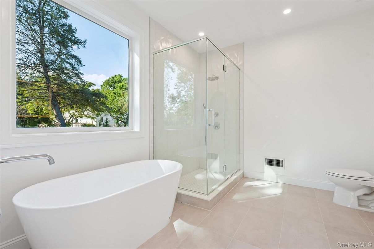 Bathroom, Free Standing Baths, Glass Shower, Interior, Recessed Lighting