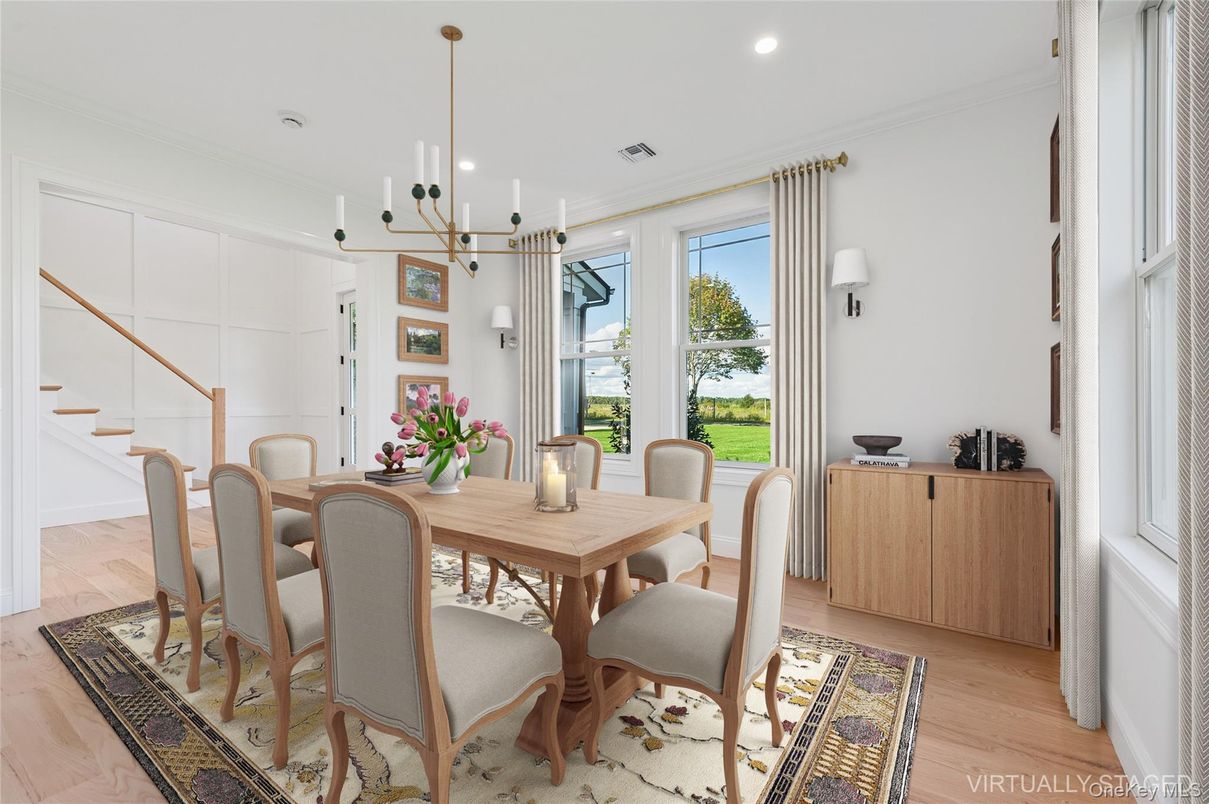 Dining room, Interior, Pendant Lights, Recessed Lighting, Wood Texture Flooring