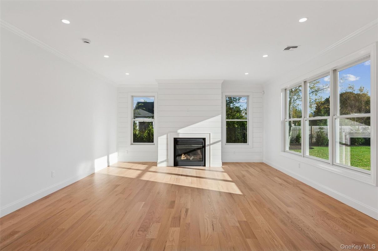 Empty room, Fireplace, Interior, Recessed Lighting, Wood Texture Flooring