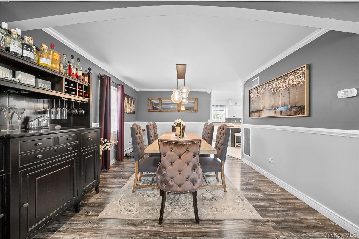 Dining room, Interior, Pendant Lights, Wood Texture Flooring