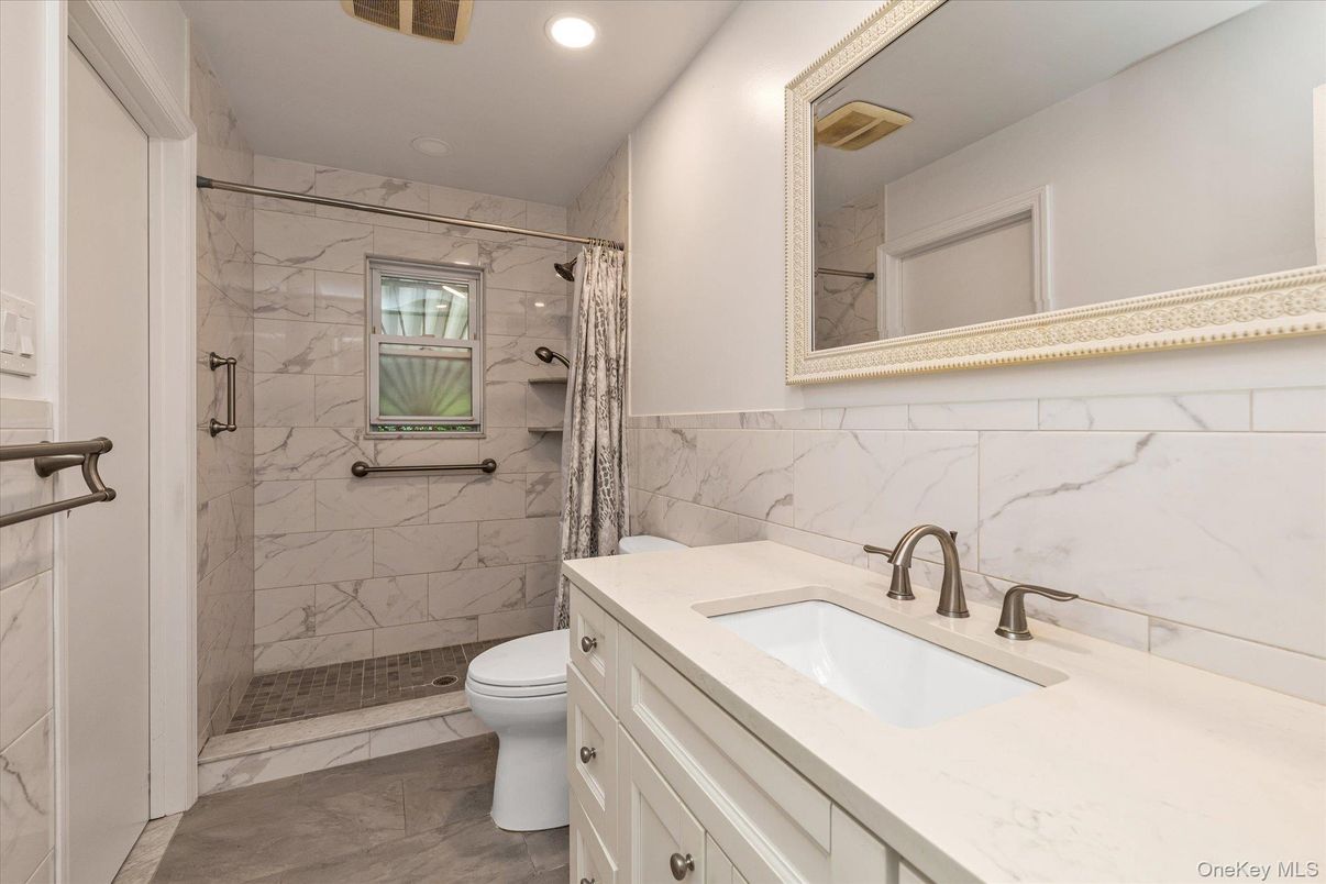 Bathroom, Glass Shower, Interior, Marble, Marble Walls, Recessed Lighting