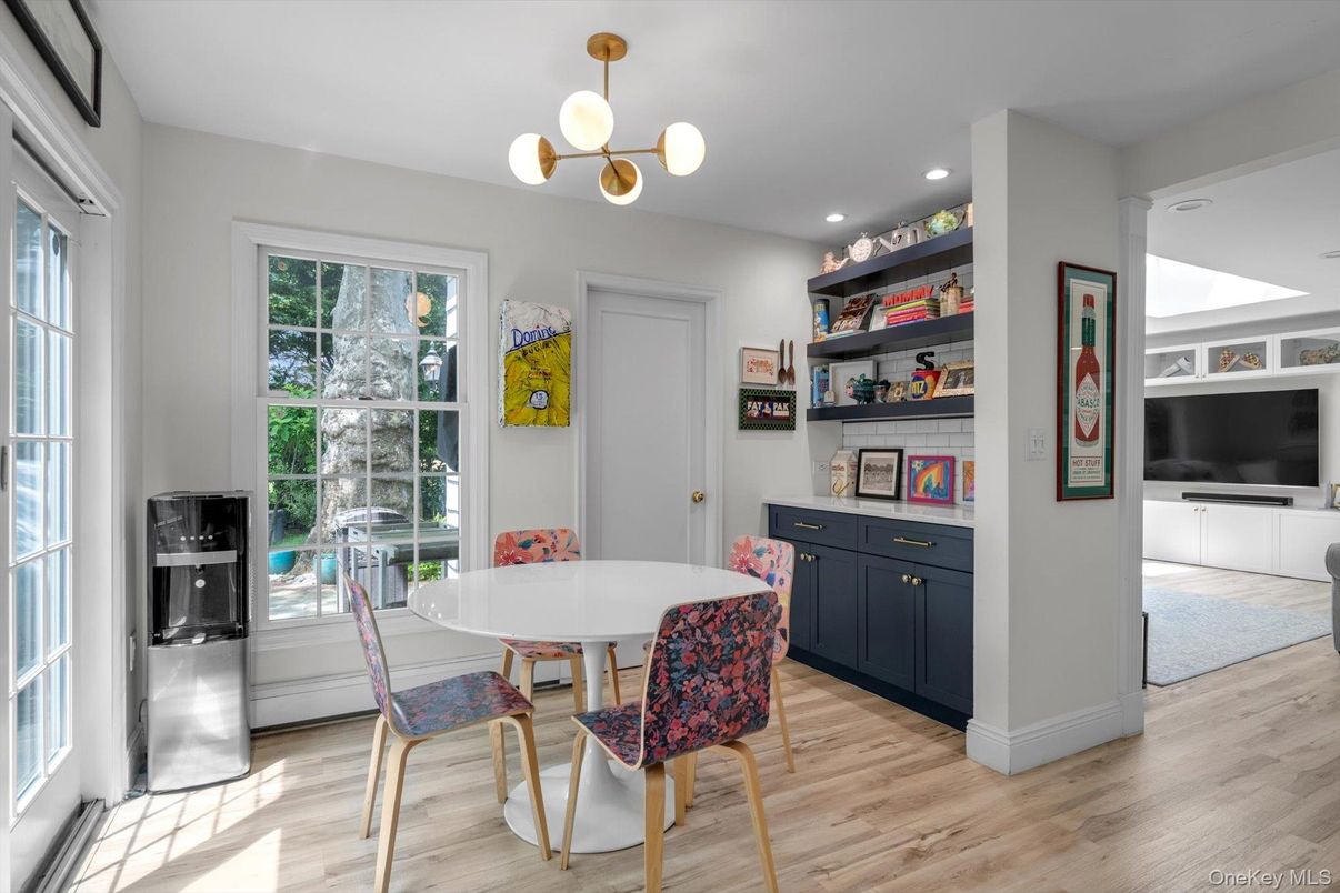 Dining room, Interior, Pendant Lights, Recessed Lighting, Wood Texture Flooring