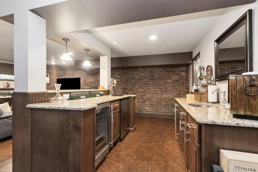 Interior, Kitchen, Pendant Lights, Recessed Lighting, Stone Walls