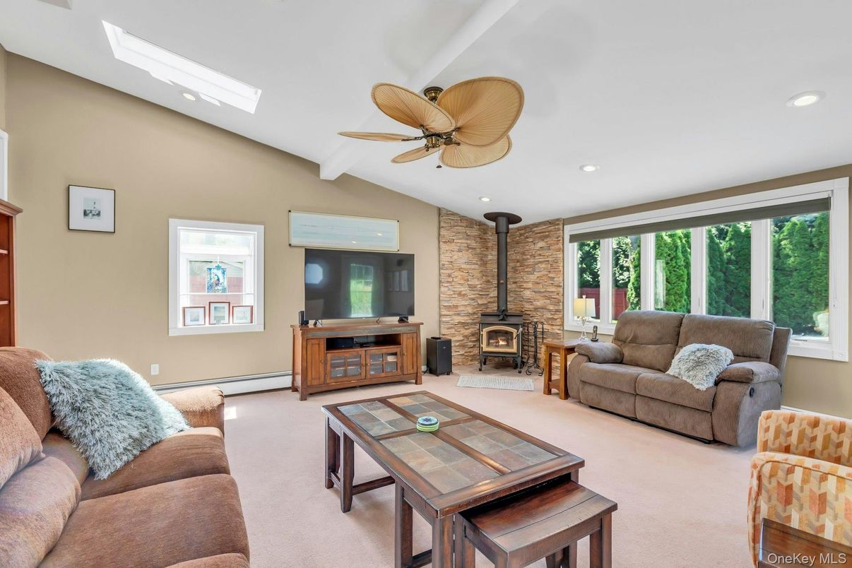Fireplace, Interior, Living room, Recessed Lighting, Stone Walls
