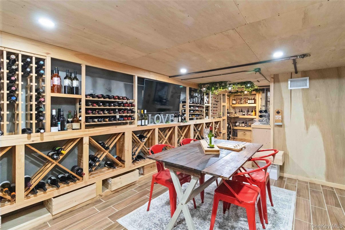 Dining room, Interior, Recessed Lighting, Wine Storage, Wood Texture Flooring