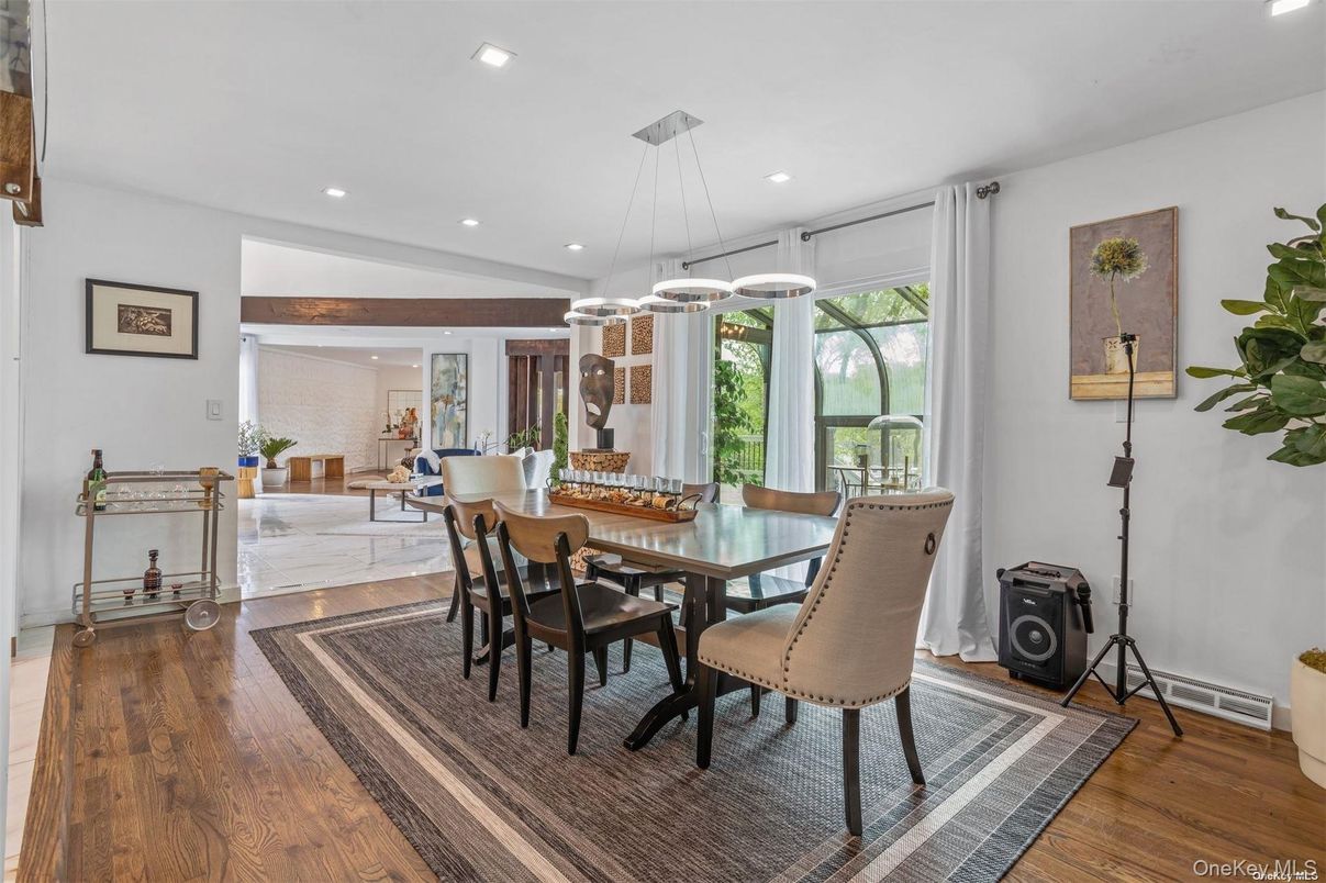 Dining room, Interior, Pendant Lights, Recessed Lighting, Wood Texture Flooring