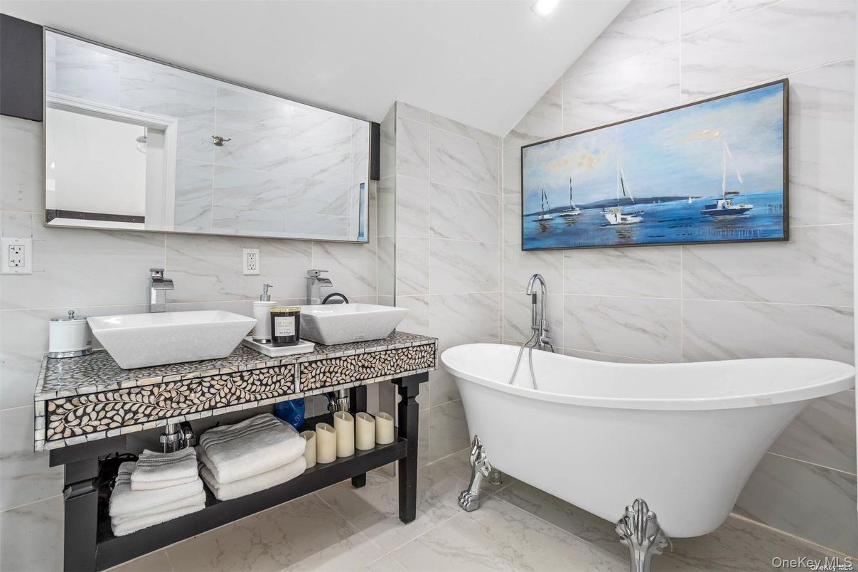 Bathroom, Dual Sink Vanities, Free Standing Baths, Interior, Marble, Marble Walls, Recessed Lighting