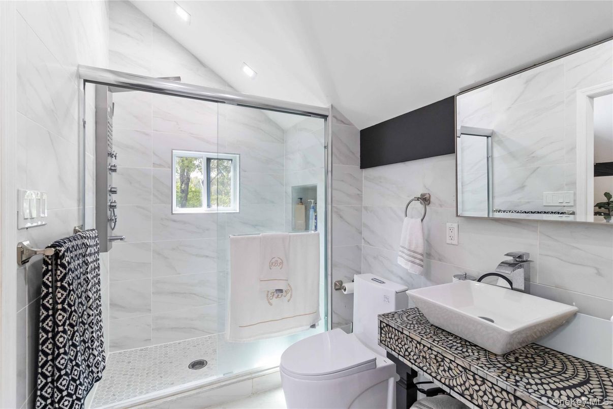 Bathroom, Glass Shower, Interior, Marble Walls, Recessed Lighting