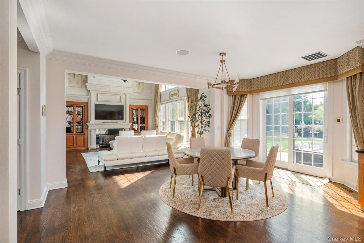 Dining room, Fireplace, Interior, Living room, Pendant Lights, Wood Texture Flooring