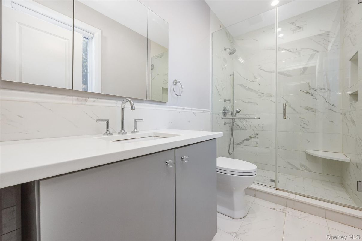 Bathroom, Glass Shower, Interior, Marble, Marble Walls, Recessed Lighting