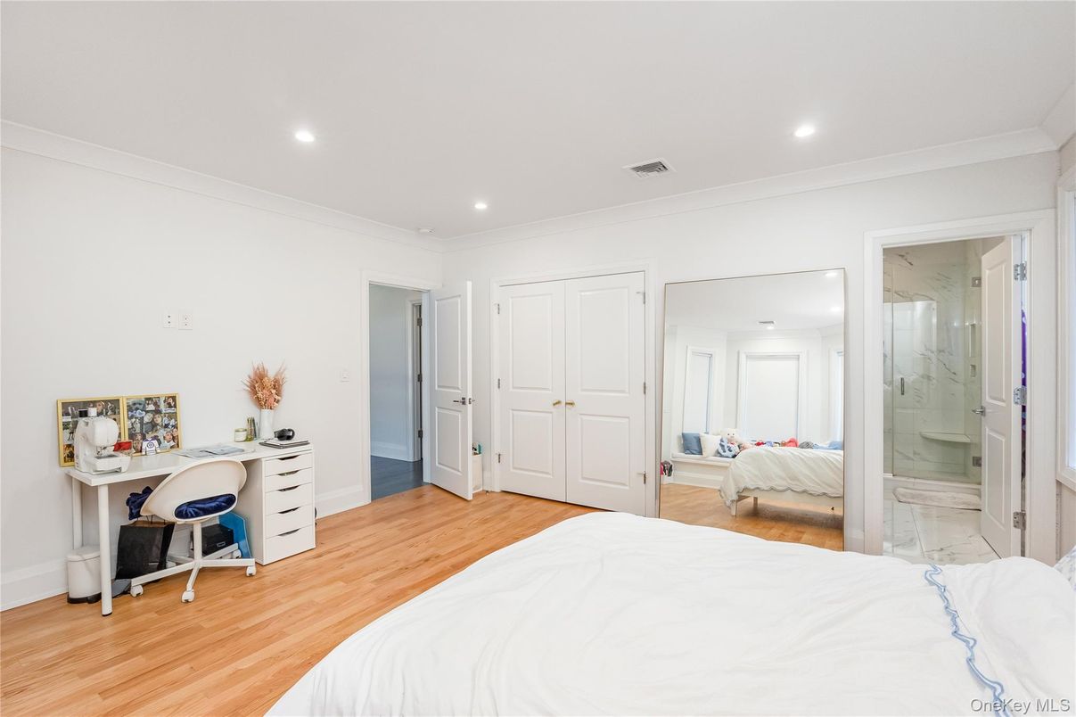 Bathroom, Bedroom, Glass Shower, Home Office, Interior, Marble Walls, Recessed Lighting, Wood Texture Flooring