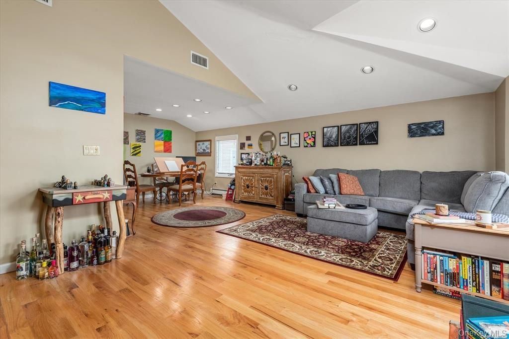 Dining room, Interior, Living room, Recessed Lighting, Wood Texture Flooring