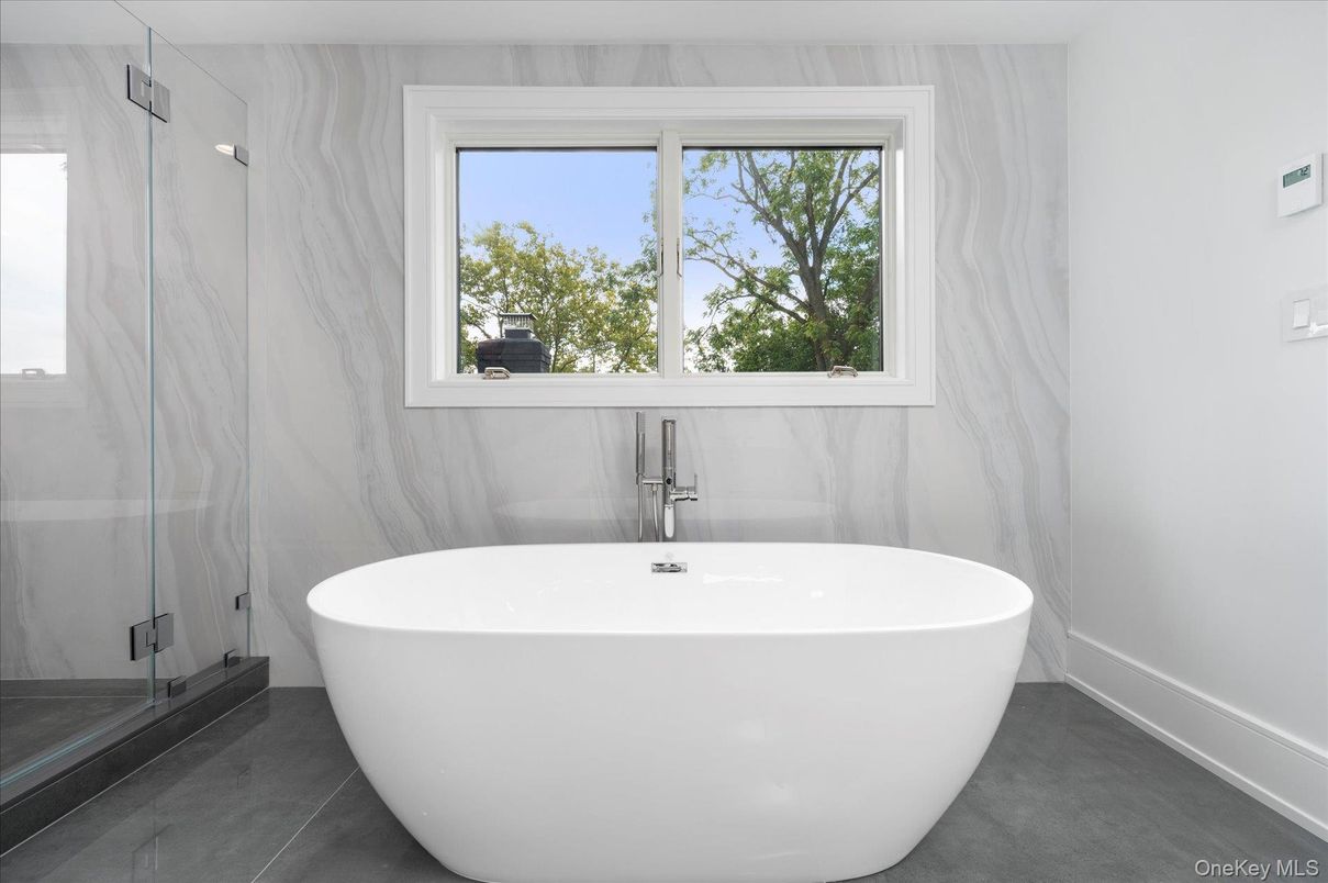 Bathroom, Free Standing Baths, Glass Shower, Interior, Marble Walls